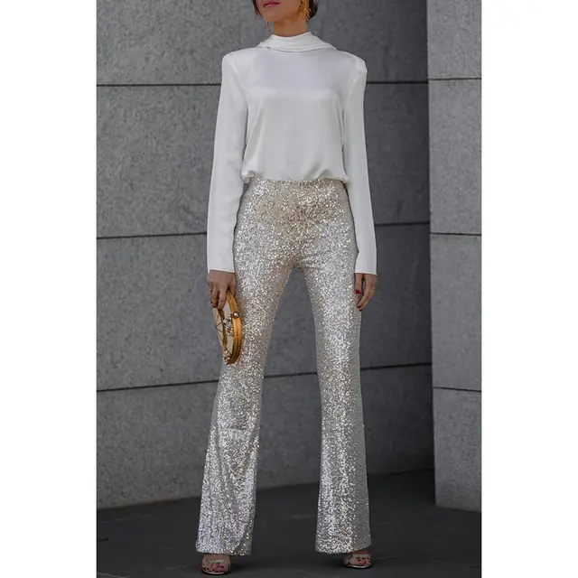 European And American Sequins Elastic Waist Slim Elastic Bell bottom Pants Champagne - Shop at LoveMi