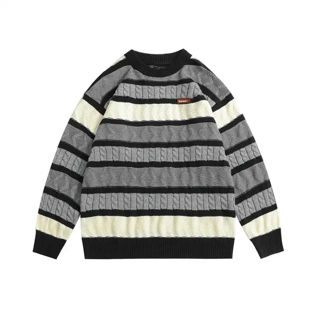 Japanese style Retro Jacquard Contrast Color Striped Sweater Black - Shop at LoveMi