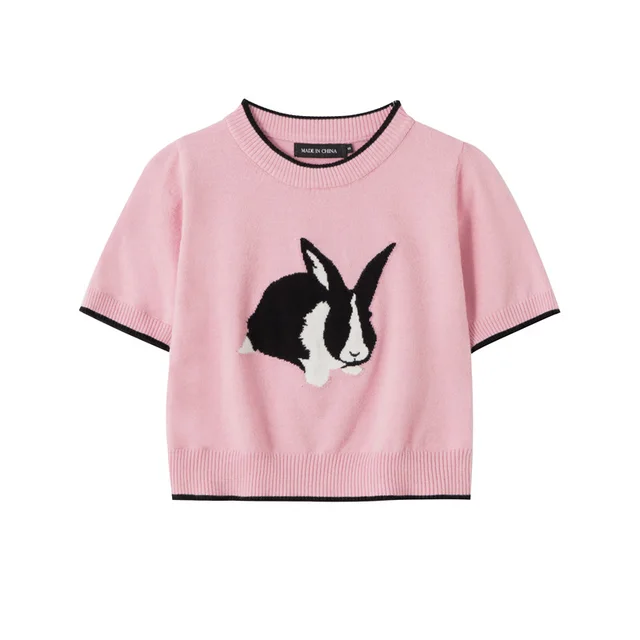 Rabbit Short Slimming Knitted T shirt Pink - Shop at LoveMi