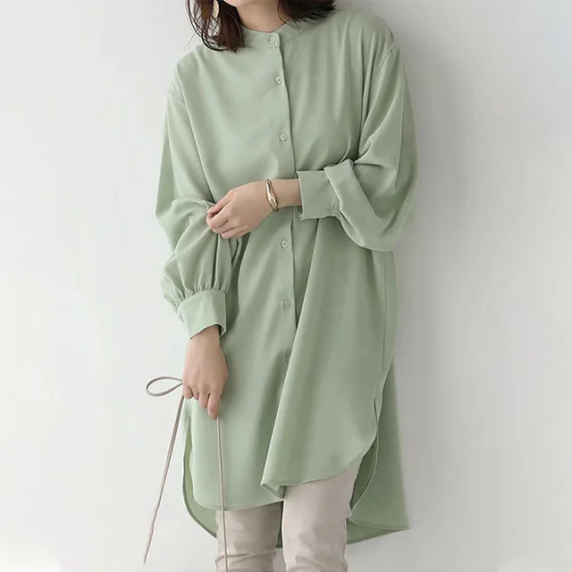 Women's Long sleeved Shirt Loose Mid length Light Green - Shop at LoveMi