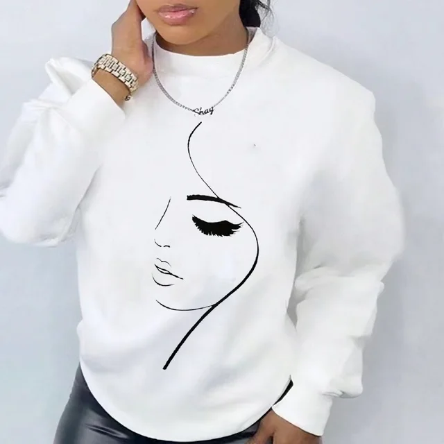 Round Neck Loose Sweatshirt Fleece lined Heat Transfer Patch American Retro White - Shop at LoveMi