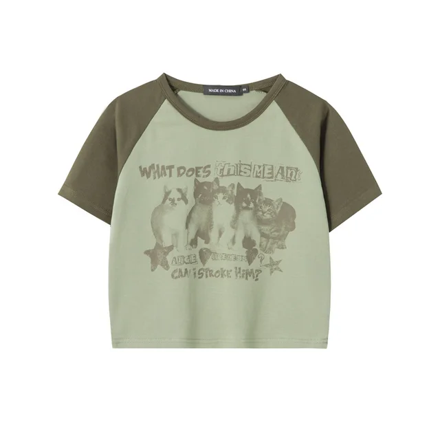 Color block Raglan Sleeves American Retro Crew Neck Cropped Cropped T shirt Green Gray - Shop at LoveMi