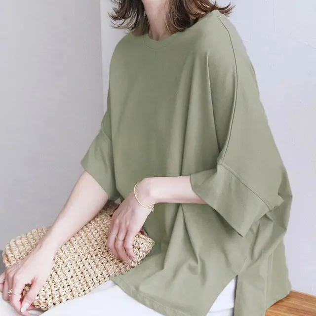 Japanese 6 color Cotton Batwing Sleeve Oversized Loose T shirt For Women Army Green - Shop at LoveMi