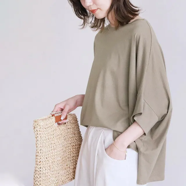 Japanese 6 color Cotton Batwing Sleeve Oversized Loose T shirt For Women Khaki - Shop at LoveMi