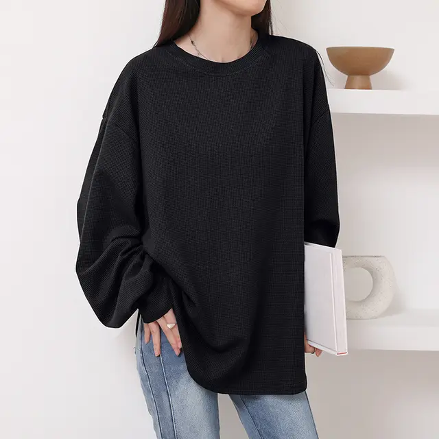 Autumn Waffle Women's T shirt Round Neck Solid Color Black - Shop at LoveMi