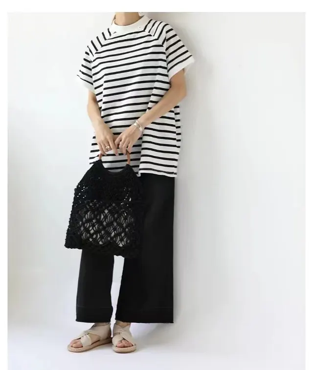 Women's Half Turtleneck Short Sleeve Cotton Loose Black And White Stripes - Shop at LoveMi