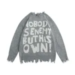 Street Fashion Make Old Ripped Letter Jacquard Burr Knitted Pullover - Gray