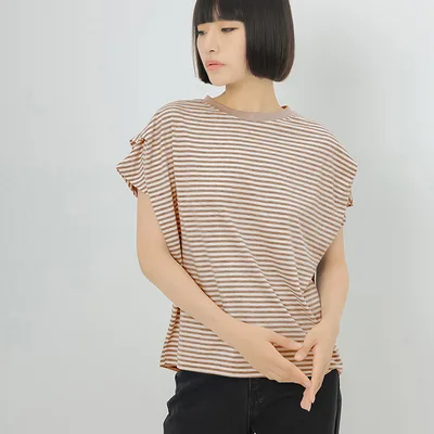 Summer Stripes T shirt Women's Cotton Loose Khaki - Shop at LoveMi