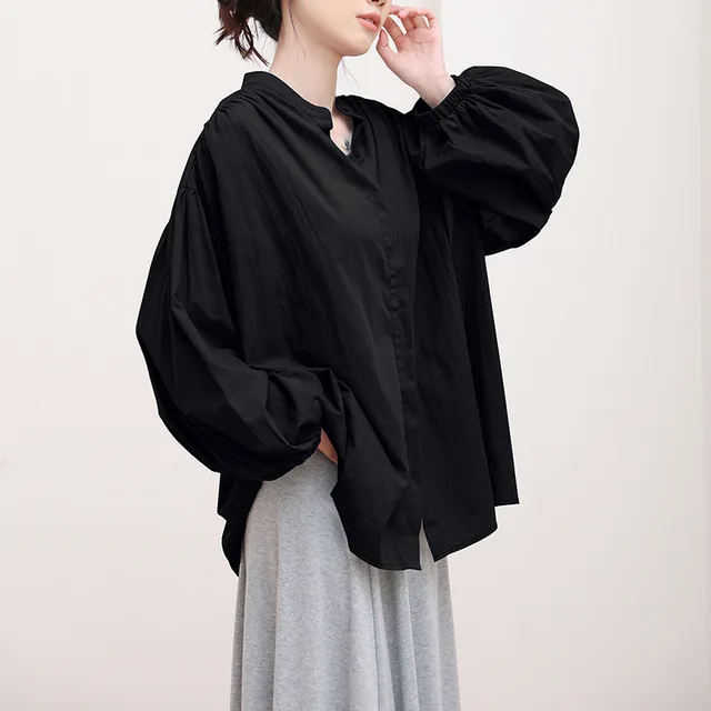 Women's Sweet Leisure Style Pure Cotton Solid Color Shirt Black - Shop at LoveMi