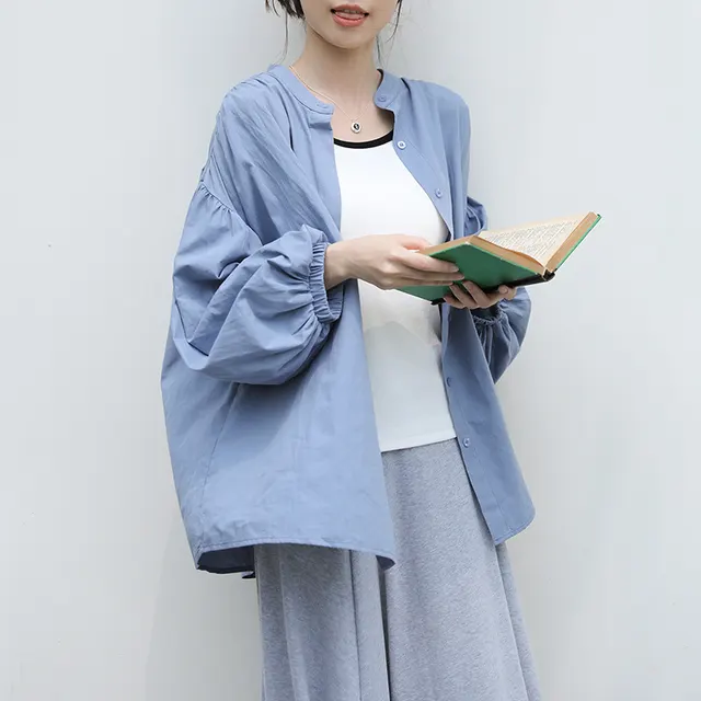 Women's Sweet Leisure Style Pure Cotton Solid Color Shirt Haze Blue - Shop at LoveMi