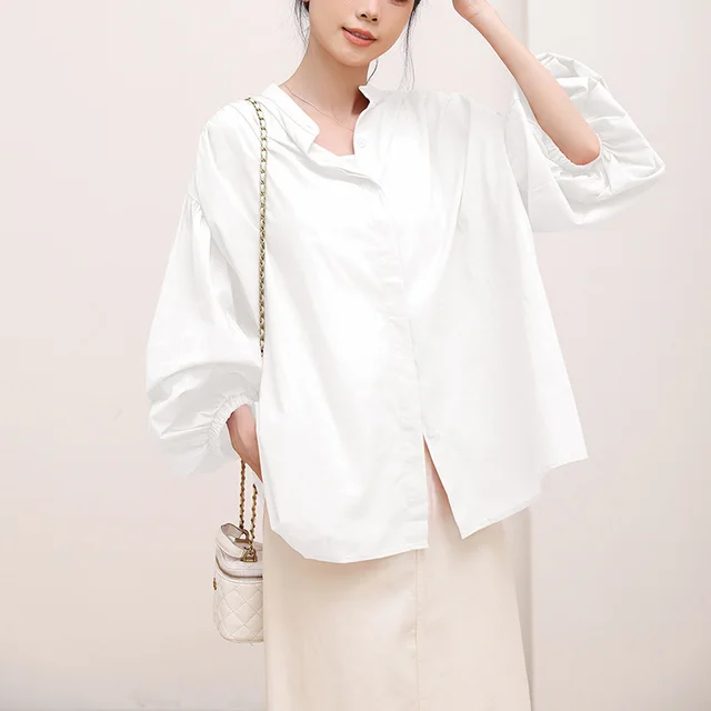 Women's Sweet Leisure Style Pure Cotton Solid Color Shirt White - Shop at LoveMi