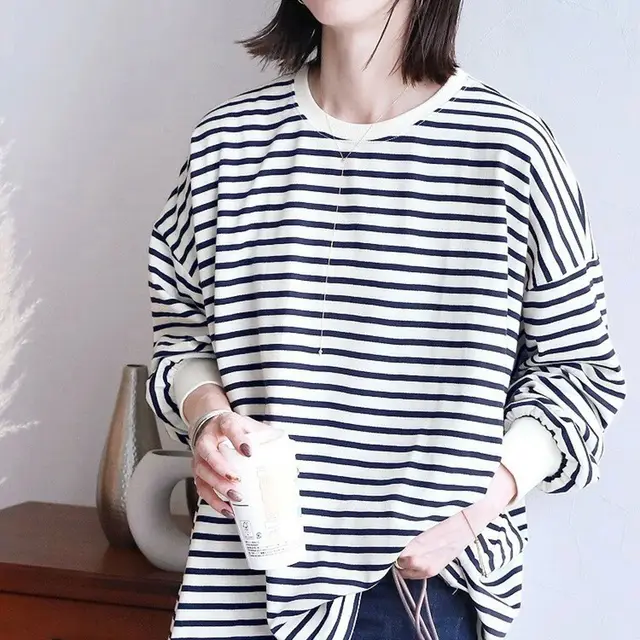 Women's Striped Sweater Loose Cotton Dark Blue Stripe - Shop at LoveMi