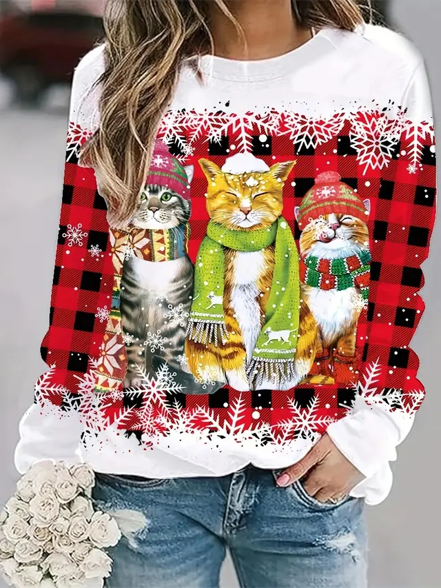 European And American Christmas Cat Printing Crew Neck Pullover Sweatshirt White - Shop at LoveMi