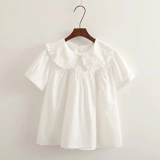 Sweet Cute Princess Style Doll Collar Ruffled Long Sleeve Shirt White Short Sleeve - Shop at LoveMi