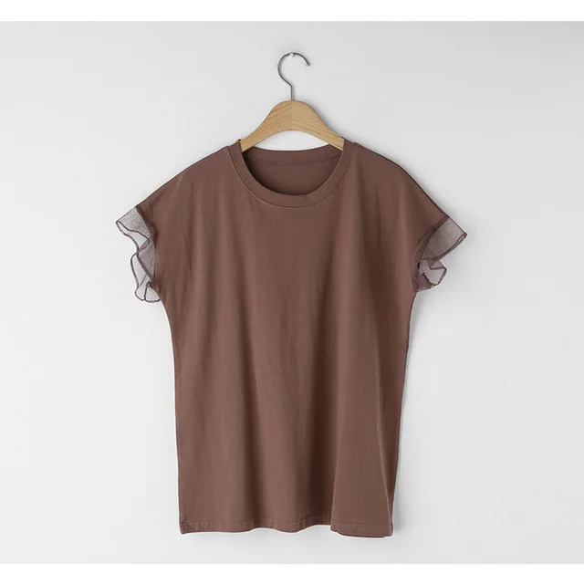 Women's Mesh Ruffle Sleeve Round Neck Solid Color T shirt Brown - Shop at LoveMi