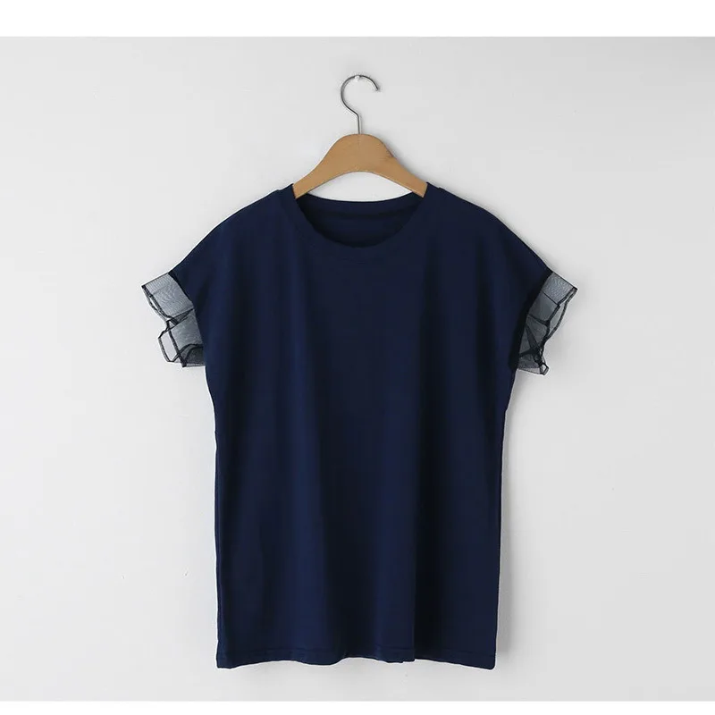 Women's Mesh Ruffle Sleeve Round Neck Solid Colour T-shirt - Dark Blue