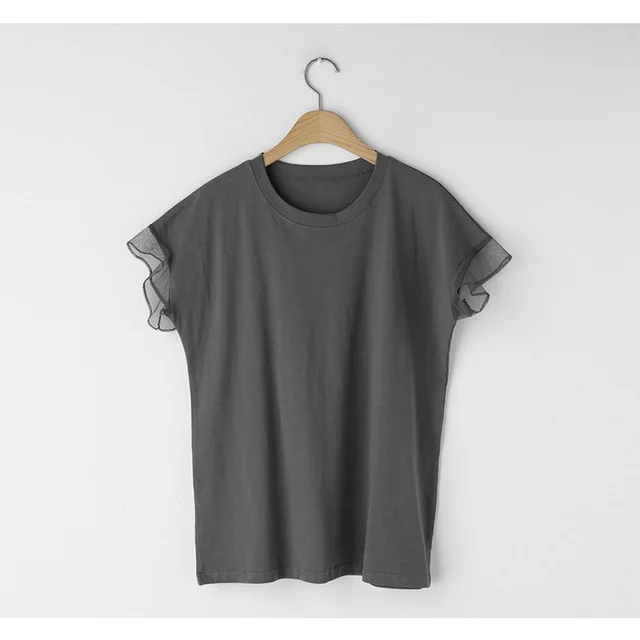 Women's Mesh Ruffle Sleeve Round Neck Solid Color T shirt Dark Gray - Shop at LoveMi