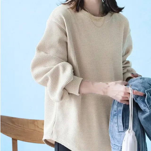 Loose Casual High grade Waffle Bottoming Shirt Apricot - Shop at LoveMi