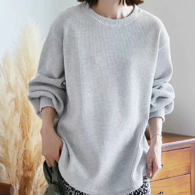 Loose Casual High grade Waffle Bottoming Shirt Light Gray - Shop at LoveMi