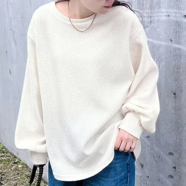 Loose Casual High grade Waffle Bottoming Shirt White - Shop at LoveMi
