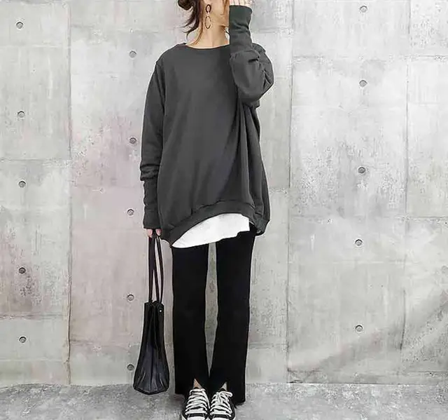 Women's Cotton Sweater Loose And Idle Large Version Solid Color Dark Gray - Shop at LoveMi