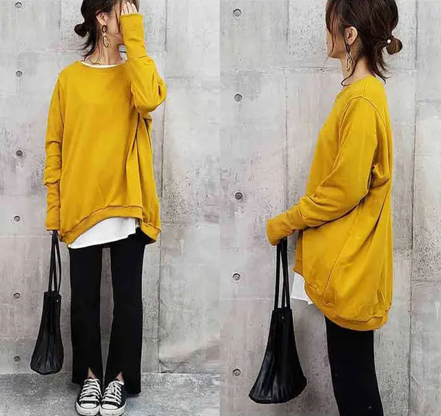Women's Cotton Sweater Loose And Idle Large Version Solid Color Ginger Yellow - Shop at LoveMi
