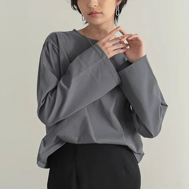 Simple Casual Solid Color Cotton Round Neck Bottoming Shirt Gray - Shop at LoveMi