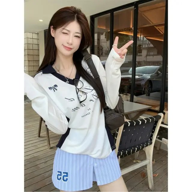 American Contrast Color Loose Long Sleeve Shirt White - Shop at LoveMi