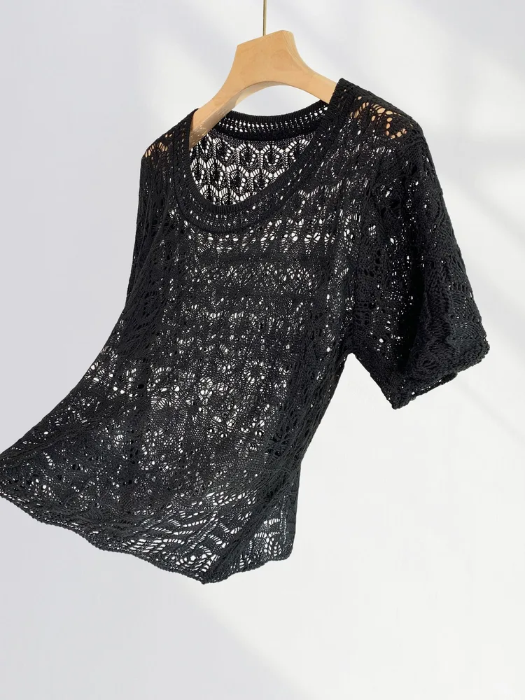Hollow Knitted Short sleeved Shirt Black - Shop at LoveMi