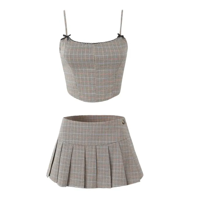 Plaid Camisole Women's Cross Rope Skirt Outfit Skirt And Suspender - Shop at LoveMi