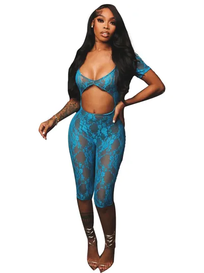 Lace Big U neck Cropped Jumpsuit Blue - Shop at LoveMi