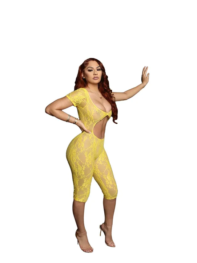 Lace Big U neck Cropped Jumpsuit Yellow - Shop at LoveMi