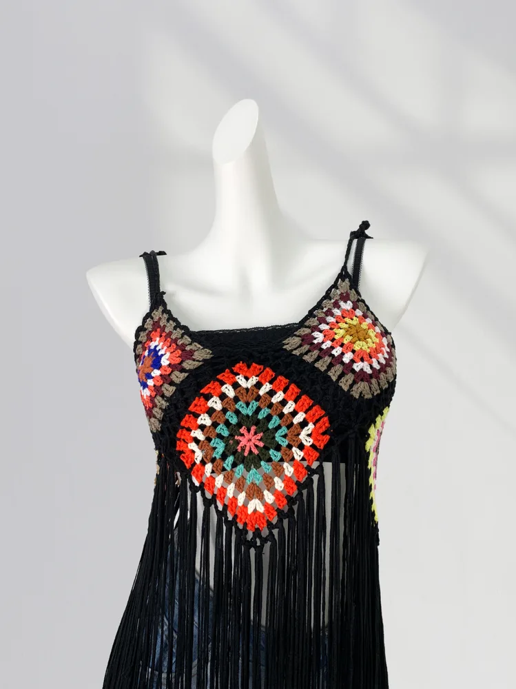 Long Handmade Crocheted Plaid Knitted Sling Tassel Smock Dress Black Long - Shop at LoveMi