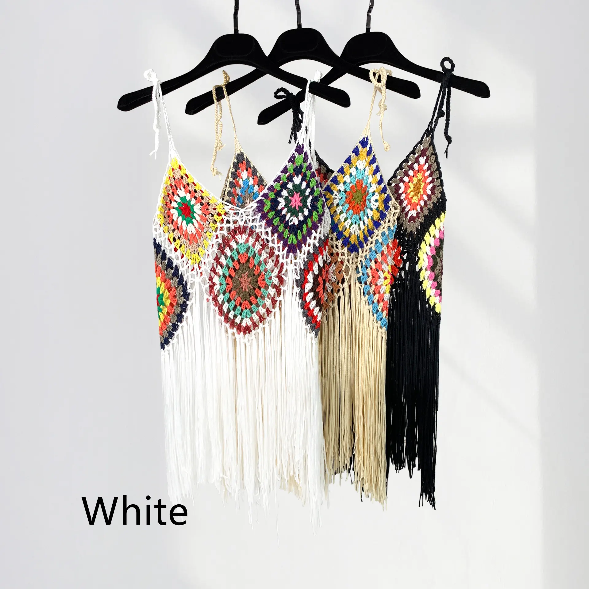 Long Handmade Crocheted Plaid Knitted Sling Tassel Smock Dress - White Short - View 1