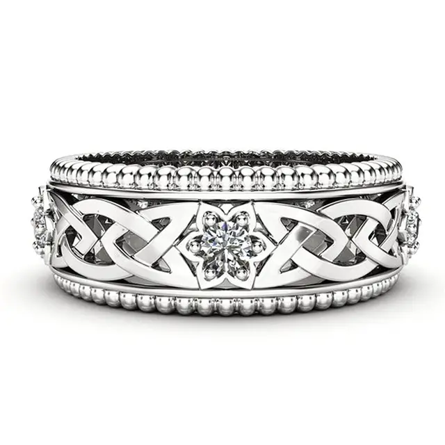 14k Plated White Diamond Ring Hollow Pattern Wedding Ring Platinum - Shop at LoveMi