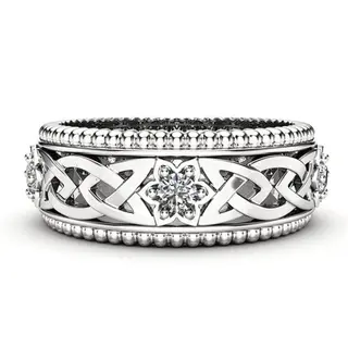 14k Plated White Diamond Ring Hollow Pattern Wedding Ring - Platinum