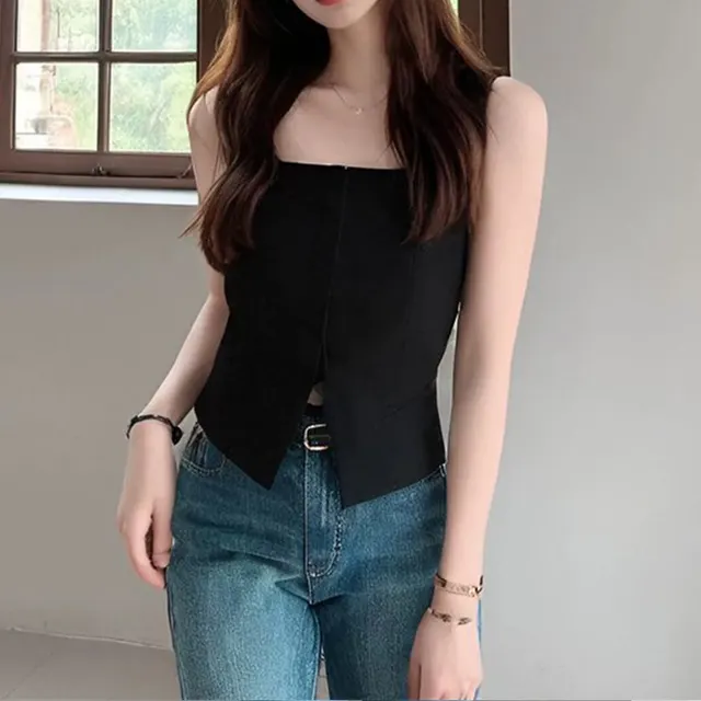 Black Square Collar Sleeveless Vest For Women Black - Shop at LoveMi