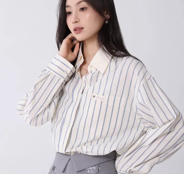 Korean College Style Texture Striped Shirt For Women Custard Blue Stripes - Shop at LoveMi