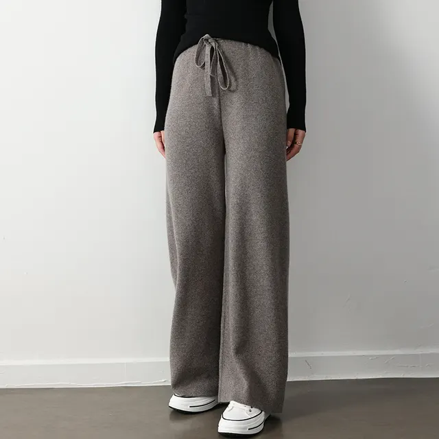 Stretch Elastic Waistband Lace up Straight Wide leg Pants Dark Camel - Shop at LoveMi