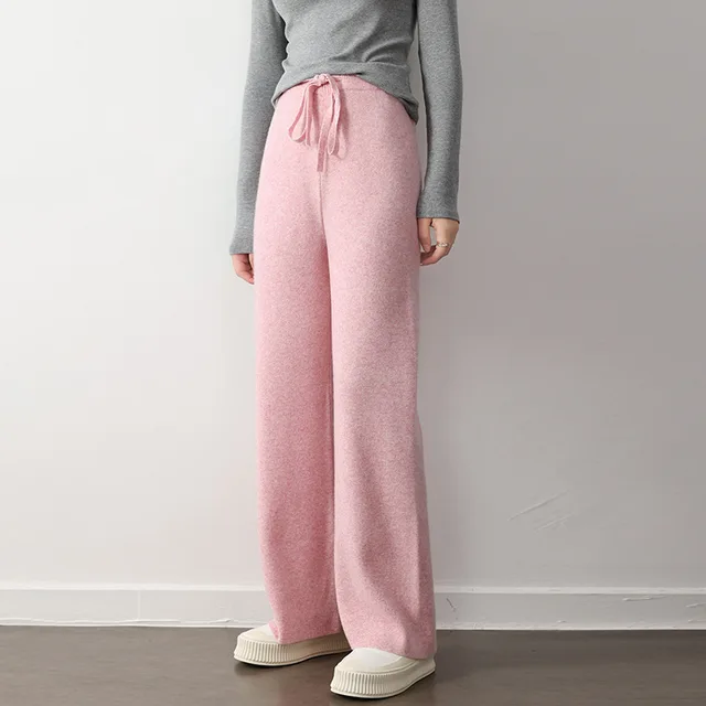 Stretch Elastic Waistband Lace up Straight Wide leg Pants Pink - Shop at LoveMi