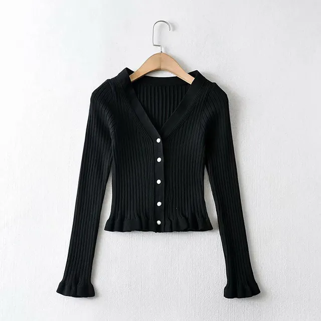 Retro V neck Tree Fungus like Lacework Slim Fit Slimming And Short Long Sleeve Base Knitting Cardigan Top 4801 Black - Shop at LoveMi