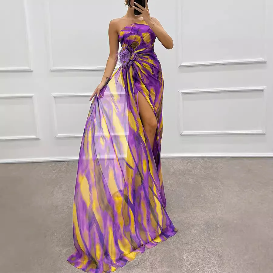 Chiffon Floral Print Slit Dress INS Casual Party Long Women's Clothing Dress Purple - Shop at LoveMi