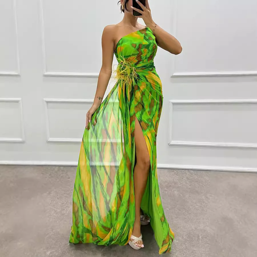Chiffon Floral Print Slit Dress INS Casual Party Long Women's Clothing Dress Yellow Green - Shop at LoveMi