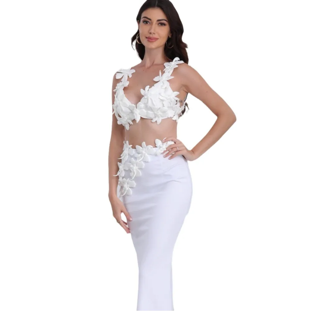 Three-dimensional Flower Camisole Back Slit Dress Two-piece Set - White