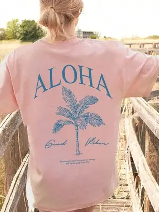 Women's Summer Palm Tree Print Wide Collar Pendant Short Sleeve - Pink