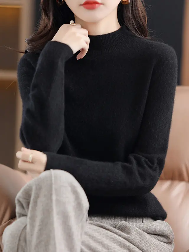 Half High Collar Pure Wool Women's Long Sleeved Knitted Base Sweater Black - Shop at LoveMi