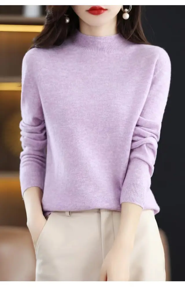 Half High Collar Pure Wool Women's Long Sleeved Knitted Base Sweater Purple - Shop at LoveMi