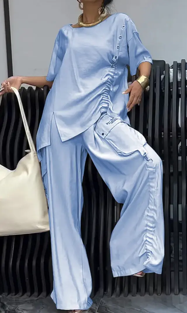 Summer New Fashion Casual Women's Round Neck T shirt And Trousers Two piece Set Blue - Shop at LoveMi