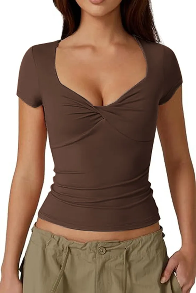 Women's Slim Fit Twisted T shirt Short Sleeved Brown - Shop at LoveMi