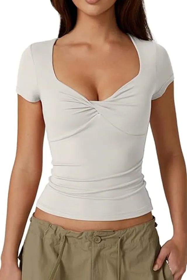 Women's Slim Fit Twisted T shirt Short Sleeved White - Shop at LoveMi